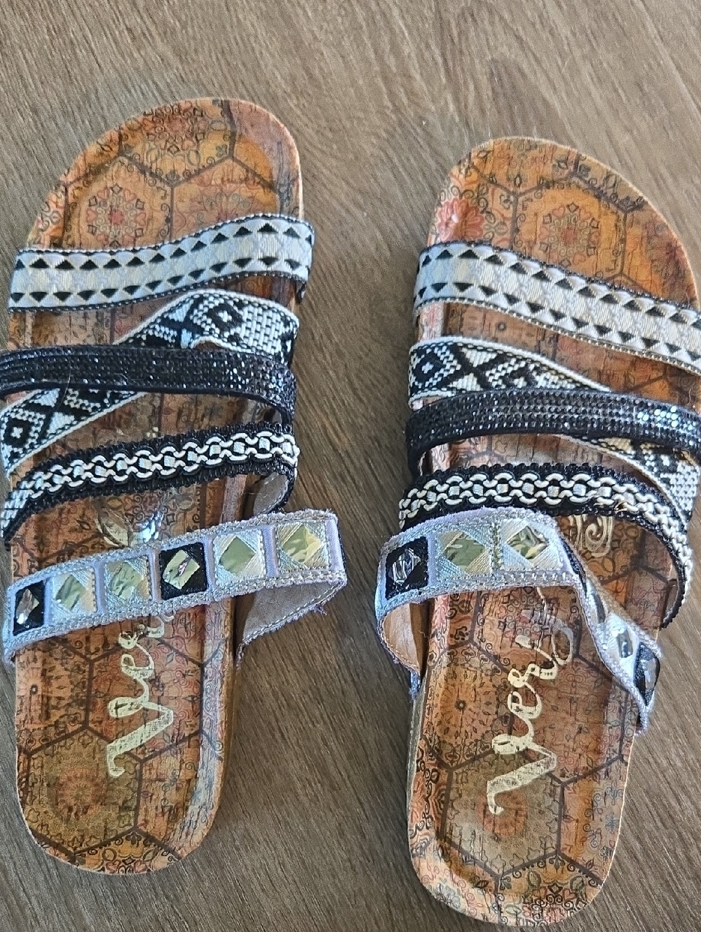 Very G Women's Multi-Strip Slide Sandals in Black and Tan with Silver Accents